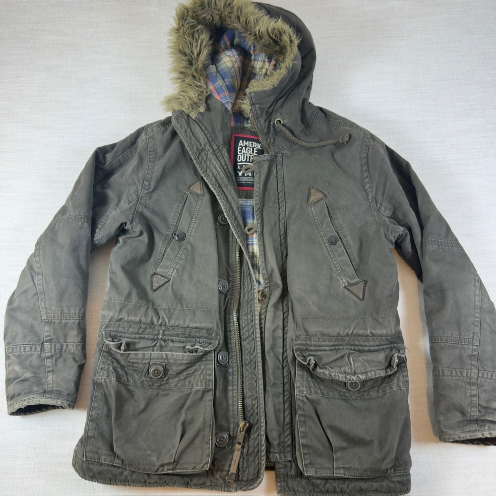 Y2K American Eagle Outfitters Mens Olive Green Plaid Lined Parka Faux Fur Hood M
